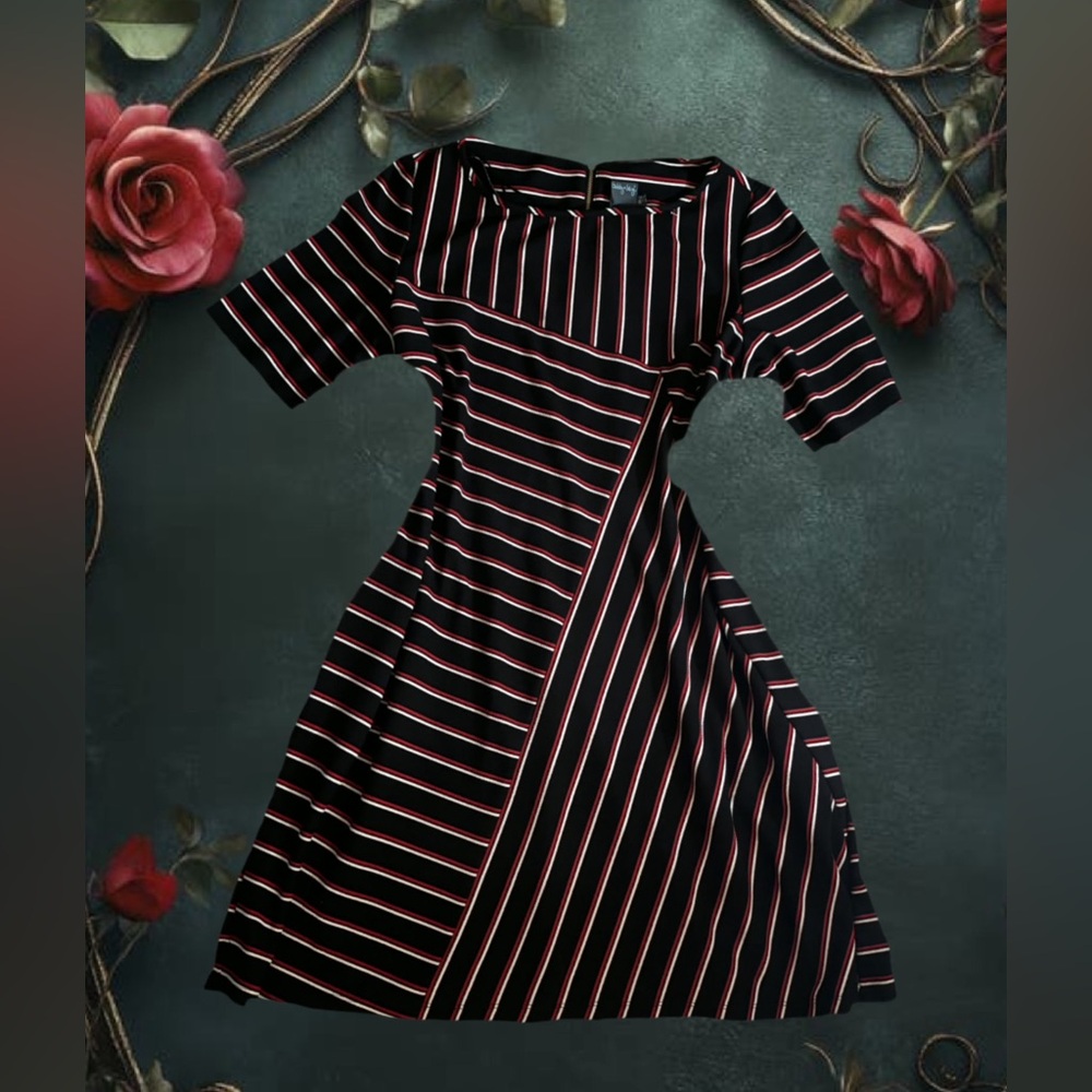 Gabby Skye Black Midi Dress with Red and White Stripes